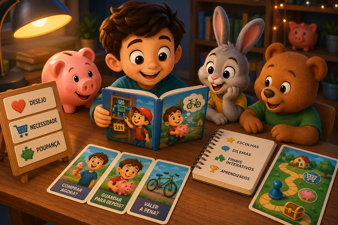 Criança lendo livro mágico com personagens de educação financeira